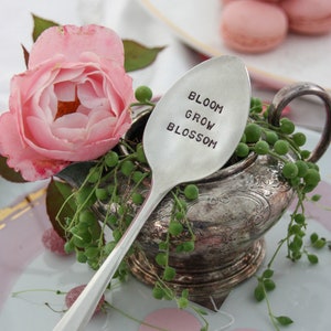 Bloom Grow Blossom Hand Stamped Vintage Silver Spoon, Garden Spoon, Plant Marker, Garden Gifts, Teacher Gifts, Sustainable, Gardening image 1