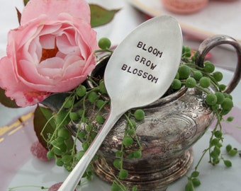 Bloom Grow Blossom Hand Stamped Vintage Silver Spoon, Garden Spoon, Plant Marker, Garden Gifts, Teacher Gifts, Sustainable, Gardening