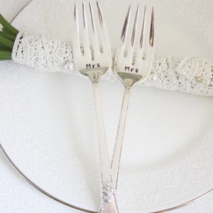 Mrs and Mrs Hand-stamped Vintage Fork Pair, Gay Wedding Gift, Lesbian Wedding Decor, LGBTQ Wedding, Wedding Cake Forks image 4