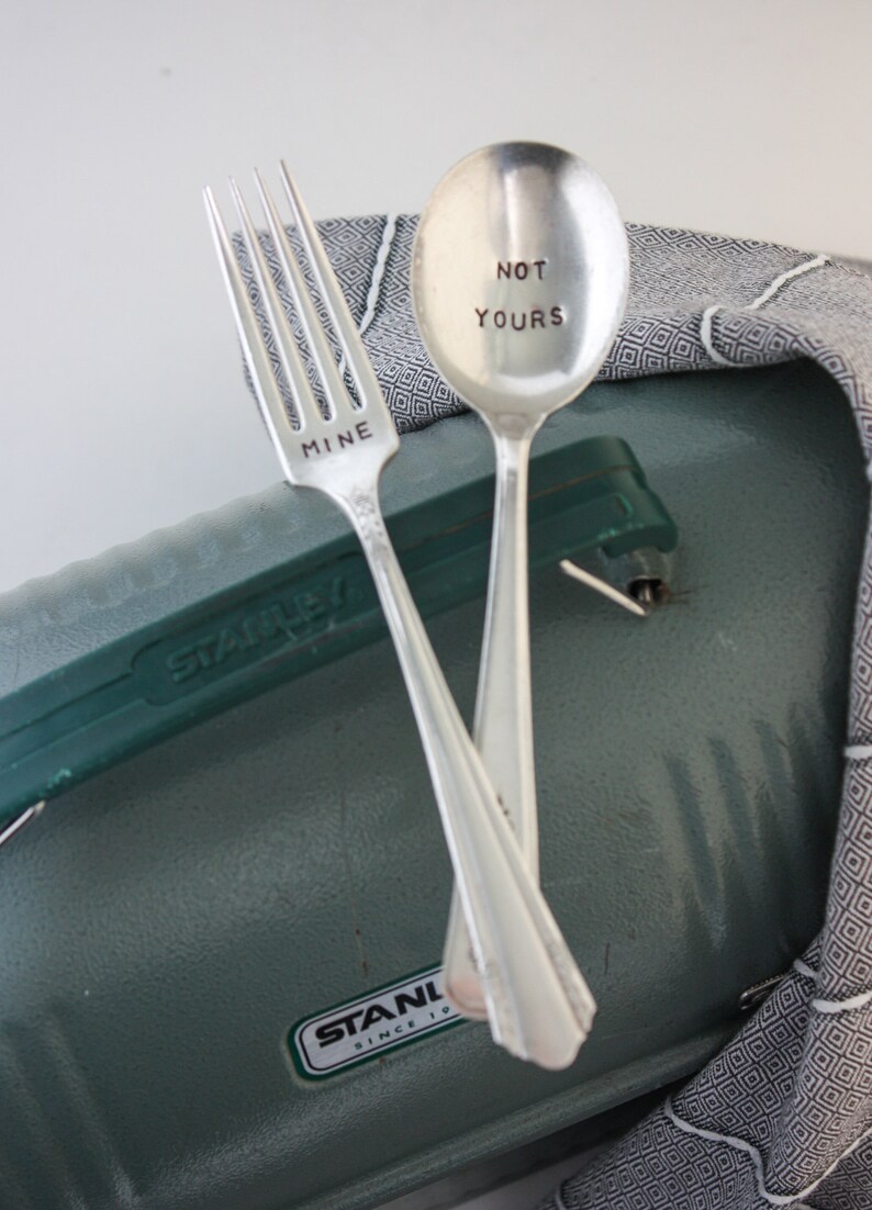 Mine Fork and Not Yours Spoon, Hand Stamped Vintage Silverplate, Back To School, Zero Waste Utensils, Lunch Utensils image 6