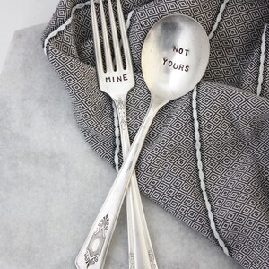 Mine Fork and Not Yours Spoon, Hand Stamped Vintage Silverplate, Back To School, Zero Waste Utensils, Lunch Utensils image 3