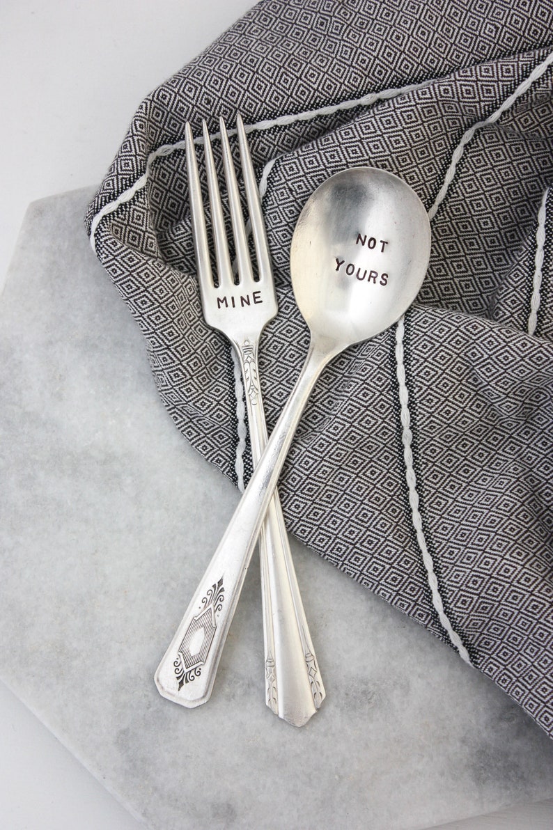Mine Fork and Not Yours Spoon, Hand Stamped Vintage Silverplate, Back To School, Zero Waste Utensils, Lunch Utensils image 3