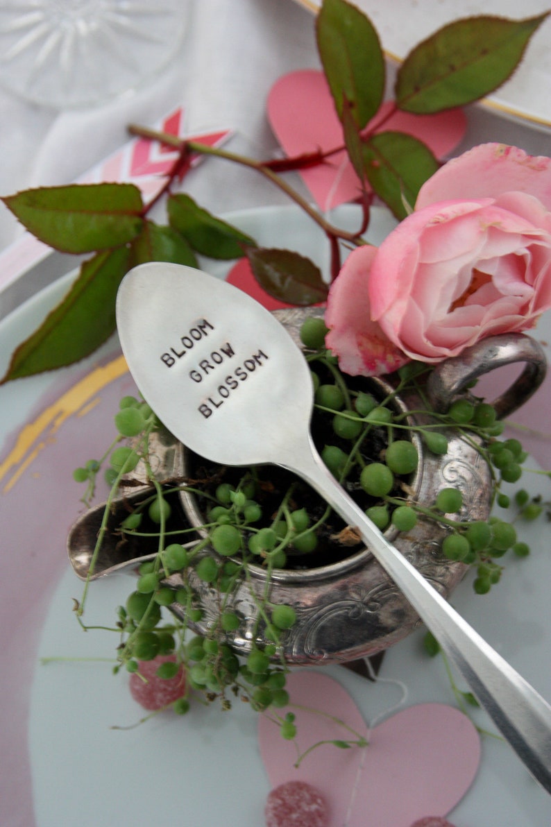 Bloom Grow Blossom Hand Stamped Vintage Silver Spoon, Garden Spoon, Plant Marker, Garden Gifts, Teacher Gifts, Sustainable, Gardening image 3