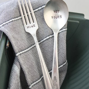 Mine Fork and Not Yours Spoon, Hand Stamped Vintage Silverplate, Back To School, Zero Waste Utensils, Lunch Utensils image 4