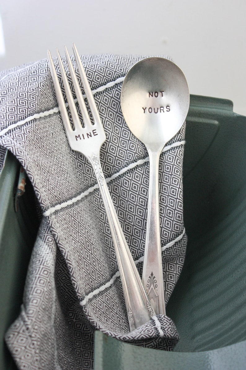 Mine Fork and Not Yours Spoon, Hand Stamped Vintage Silverplate, Back To School, Zero Waste Utensils, Lunch Utensils image 4