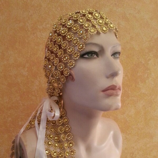 Golden Gatsby Goddess Illusion Jewel Mesh Satin Bridal Headpiece Wedding Party Costume