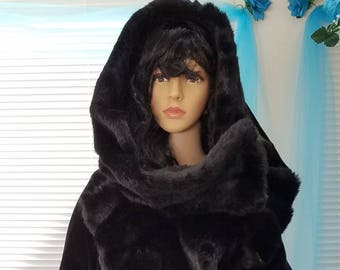 Glamorous Black Faux Mink Velvet Satin Reversible Hooded Maxi Coat Wedding Evening Party