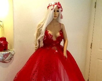 NICOLETTE Custom Order Red Hearts Tulle Boho Wedding Ballgown Set