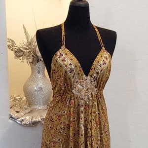 Sexy Silk Boho Gold Print Maxi Dress