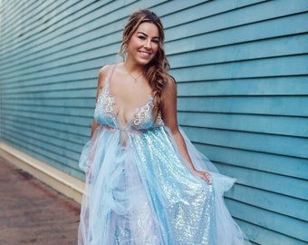 Ensemble de robe de bal de mariage bleu océan en tulle pailleté et dentelle VERONICA