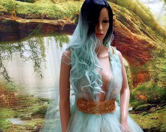 Custom Order - Chloe Ethereal Fairy Nymph 3 Piece Mint Green Tulle & Gold Lace Greek Goddess Bridal Wedding Ball Gown Set