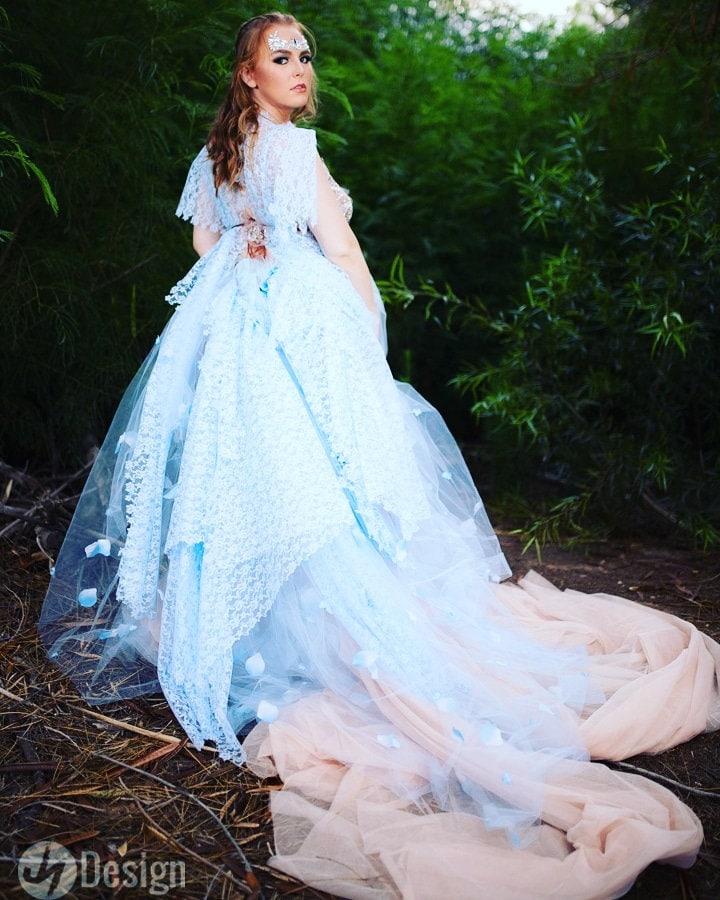 blue fairy wedding dress Fairy Blue Beaded Prom Dress with Layered Tulle Sleeves SS737 Blue / 12 main image 1