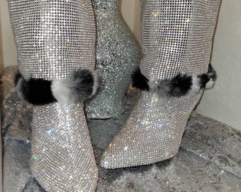 Custom Order Reversible Crystal Faux Chinchilla Fur Ankle Booties