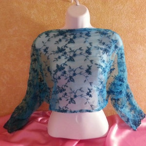 Beautiful Turquoise Embroidered Beaded Sheer Tulle  East Indian Inspired Bridal Jacket Shrug Wrap Bolero Wedding Club Party