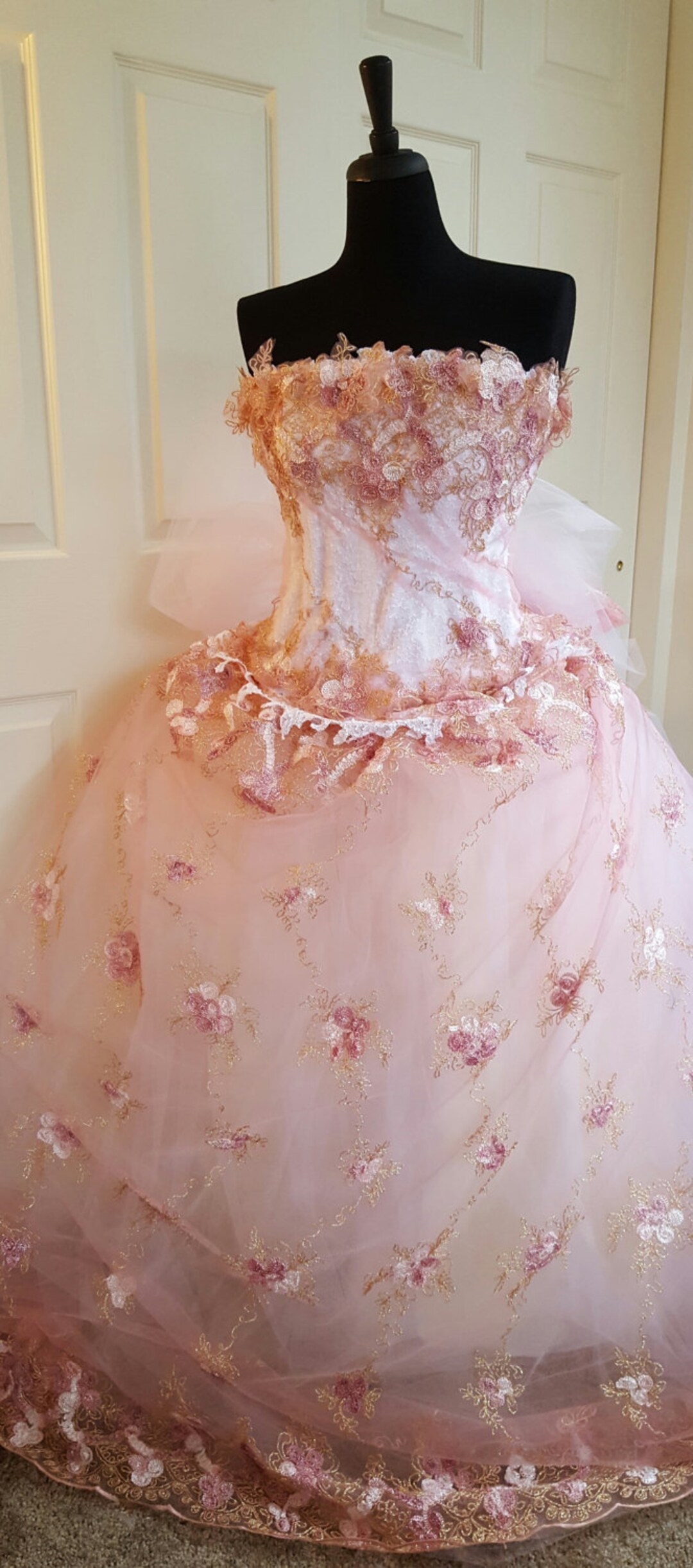 Strapless Pink Jacquard Corset Princess Floral Long Ball Dress with Lace Up Back