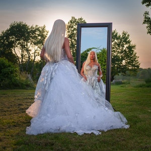 PRINCESS RUTH White & Silver Organza Lace Crystal Bridal Wedding Ball Gown Set