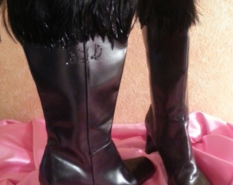 Beautiful Black Fuchsia Gold Sequin Black Feather Plume Jack Equestrian Burlesque Bridal Party Club Boots Avail. In Other Sizes