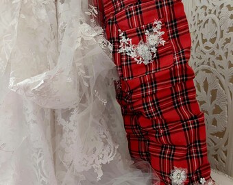 The "MARY STEWART" Scotland Inspired Red Plaid Lace Custom Order Over The Knee Slouchy Boots