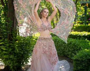 L'ensemble de robe de bal de mariage brodée de dentelle florale 3D blush et or « TOSCANY » (toutes les tailles et de nombreux autres tissus et couleurs disponibles)