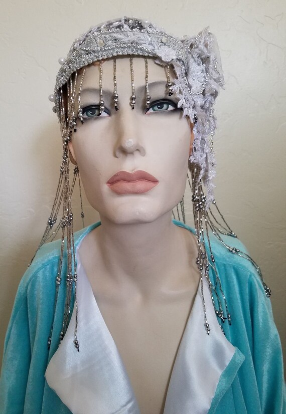 Gatsby 20\'s Silver Ivory Lace Crystal Headpiece Gatsby Style Headpiece With Glass Beads, Feathers, Art Deco  main image 3