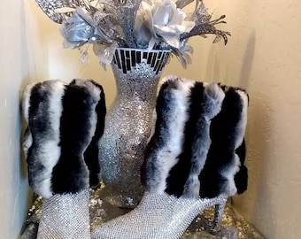 Custom Order Reversible Crystal Faux Chinchilla Fur Ankle Booties