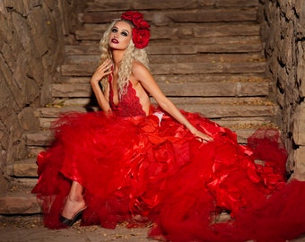 Ensemble de robe de bal de mariage gothique romantique rouge et rose CRISTABEL (Plus de couleurs disponibles)