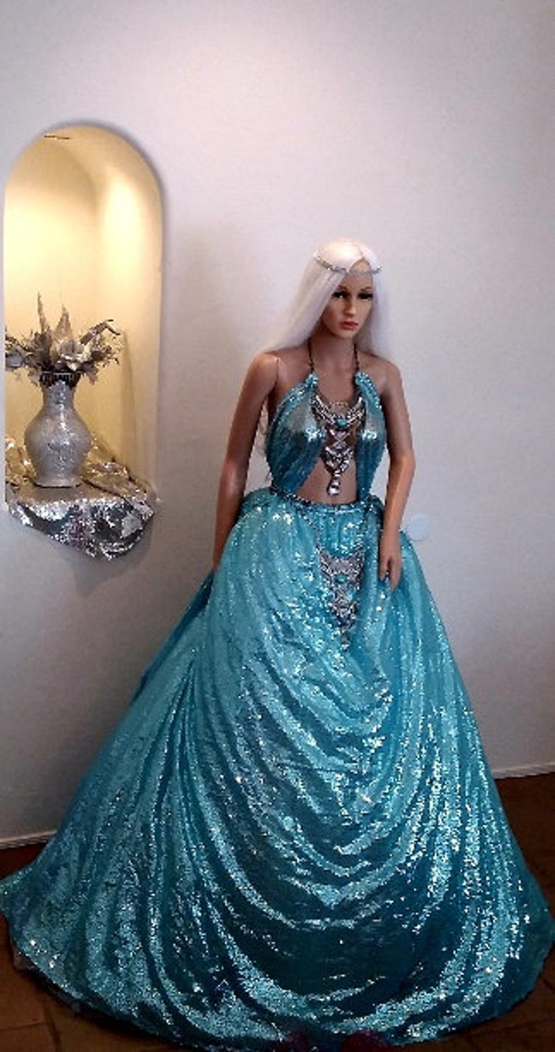 WYNTER Ocean Blue Custom Order Sequin Boho Festival Backless Wedding Ballgown Set More colors available image 3