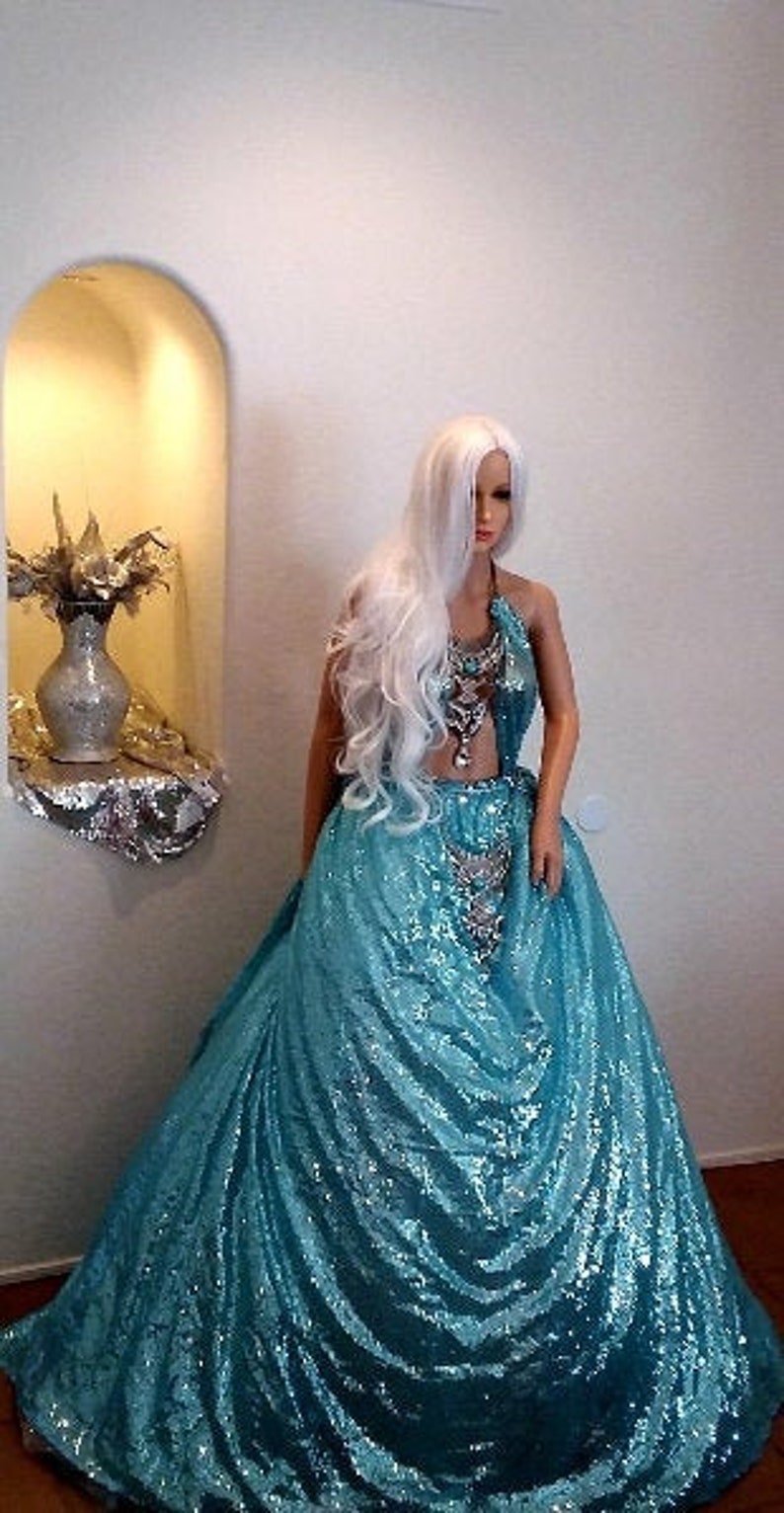 WYNTER Ocean Blue Custom Order Sequin Boho Festival Backless Wedding Ballgown Set More colors available image 1