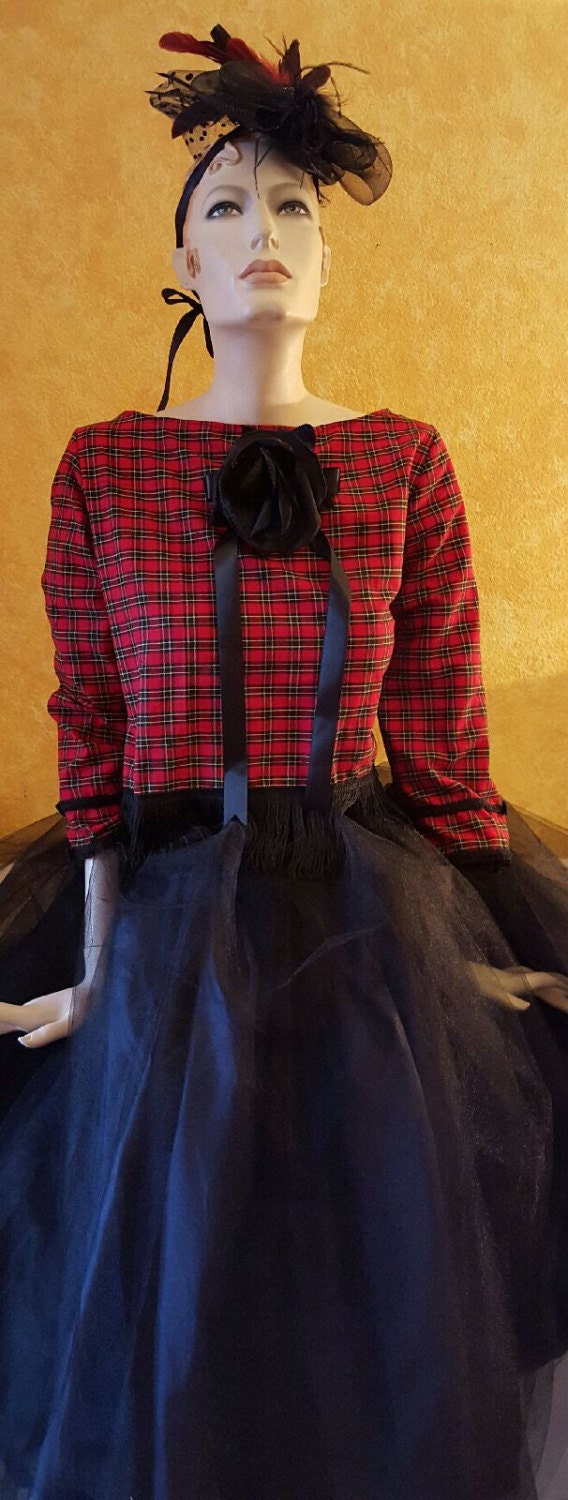 Red Wallace Tartan Plaid 4 Piece Cropped Bolero Matching Hat Tulle Tea Length Tutu Rose & Sash Set Club Party Holiday (Special Order Only)thumbnail