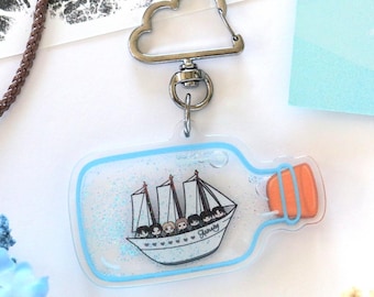 OT7 Swim Ship in a Bottle Liquid Shaker Keychain | Cute KPOP Fanart Glitter Keyring
