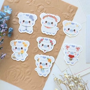 かわいい牛の花のステッカーパック | プランナー、日記、クラフト用のステッカーフレーク | Chibi Cow