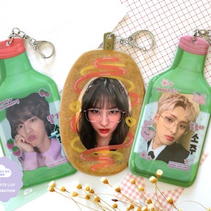 Cute Korean Food Photocard Holder | Kawaii KPOP PC Holder Keychain | Corn Dog Strawberry Soju Peach Soju