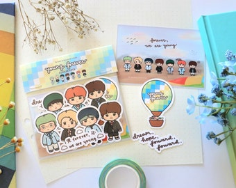 Pakiet naklejek OT7 Young Forever | Urocze naklejki fanartowe grupy KPOP