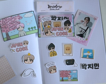 May include: A collection of stickers featuring a cartoon character with a yellow chick on their head. The stickers are on a white background with pink accents. The text "Jimin Core" is featured on several of the stickers. The stickers are part of a sticker pack.