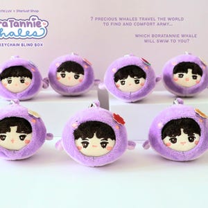 May include: Seven plush keychain blind boxes featuring a round, purple whale design with a cartoon face and black hair. The text "BoraTannie Whales" and "Plush Keychain Blind Box" are visible. The image also includes the text "7 Precious Whales Travel the World..."