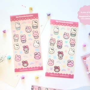 Folha de adesivos decorativos com glitter My Favorite Bunnies | Planejador de coelho fofo Kawaii KPOP, carregador superior para cartões de fotos, adesivos de diário