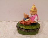 Momma Bunny and baby in wheel barrow Trinket Ring Box, Vintage Bunny Box Hinged collectible, Easter, country wedding ring box for proposal