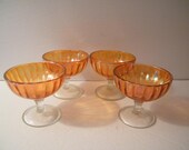 Amber Marigold Carnival Glass Sherbets, 4 Vintage depression cups, 1930s era, footed dessert replacement by Imperial Glass in Rays Pattern