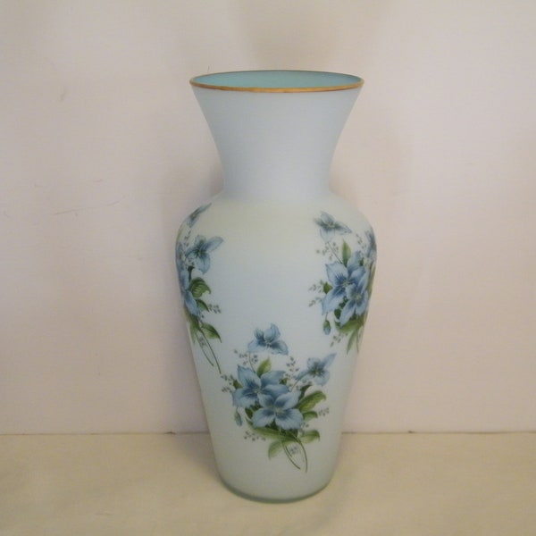 Norleans Italian Blue Satin Glass Vase, Vintage 1960s Blue Floral design Statement Piece, Centerpiece for Bouquet,