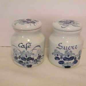 French Ceramic Cafe and Sucre Storage Canisters, Set of Vintage Coffee and Sugar containers in blue on blue floral pattern, kitchen decor