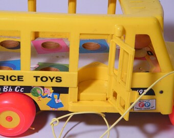 Fisher Price School Bus Pull Toy, Vintage 1965 Yellow Bus With