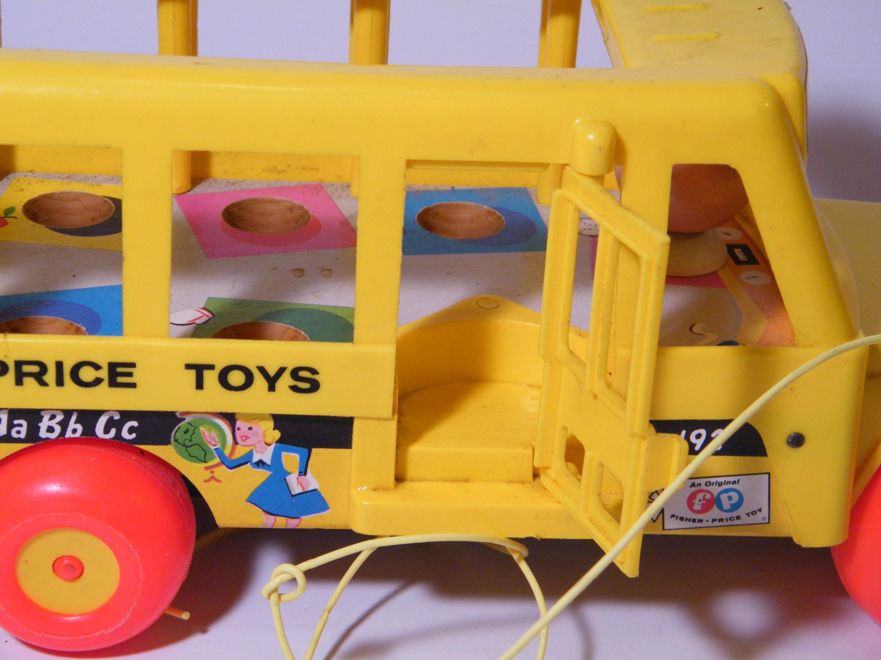 Fisher Price School Bus Pull Toy, Vintage 1965 Yellow Bus With
