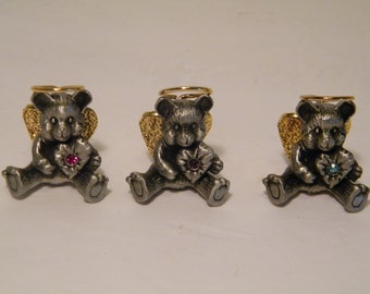 CHOICE Birthstone Angel Bear July September January, Vintage Pewter Teddy Bear with Heart shape stone display, gold tone halo Wings