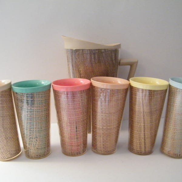 Thermo Temp Pitcher and Tumblers,  Vintage set  Raffia Burlap under plastic colorful tumblers,  48 ounce pitcher no lid, great for summer