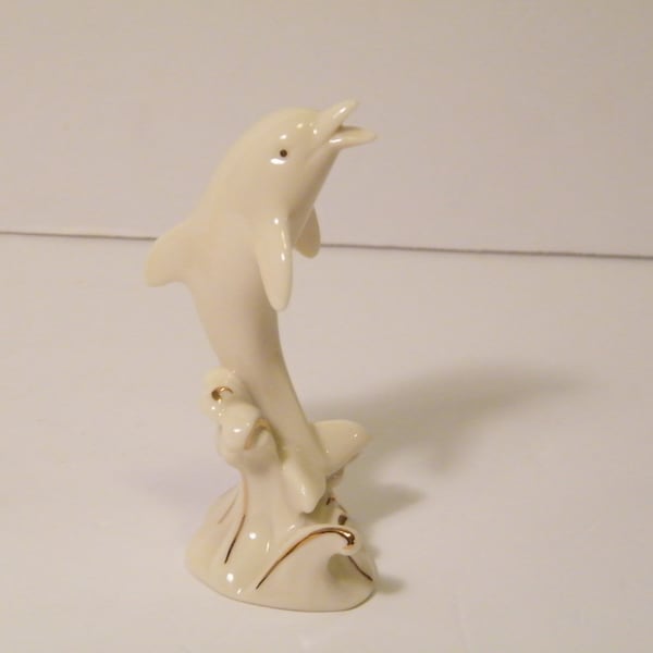 Lenox Porcelain Dolphin Figurine with 23kt Gold Accent, Vintage keepsake figure of Dolphin Jumping out of water, gift for mom