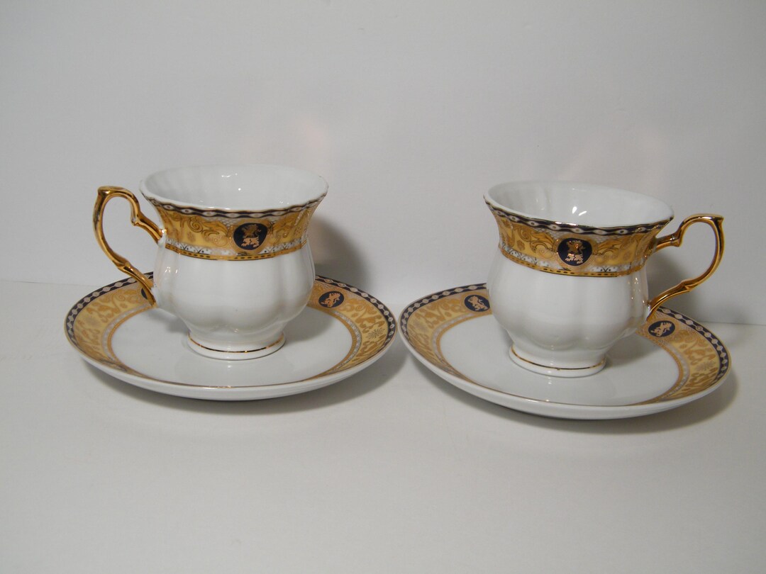 2 Imperial Italian Design Cup and Saucer Sets in Elegant Gold and ...