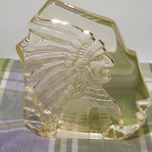 Glass Indian Chief Bust Sculpture, Vintage Native Decor Paperweight, Original label missing, 1960s heavy and thick Collectible
