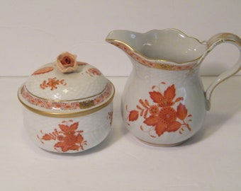 Herand Chinese Bouquet Rust Full Size Creamer and Covered Sugar Bowl Set, Hard to find set in Rust pattern, hand painted, numbered 1663 AOG