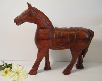 Vintage Hand carved Wooden Horse with detailed Halter and Saddle, 12.5 inch tall heavy wood horse statue, doll display, equestrian decor