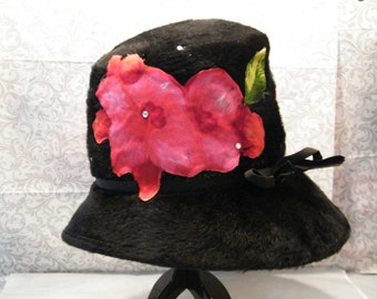 Angel Designs Black Cloche Bucket Hat with Applique flowers and Rhinestones, Vintage Empress , party, derby, special occasion
